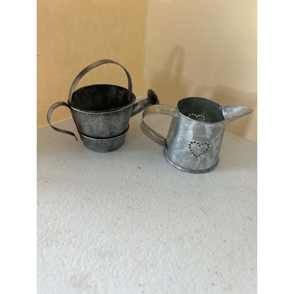 Miniature Galvanized Metal Watering Can Set Rustic Farmhouse Decor Heart Detail